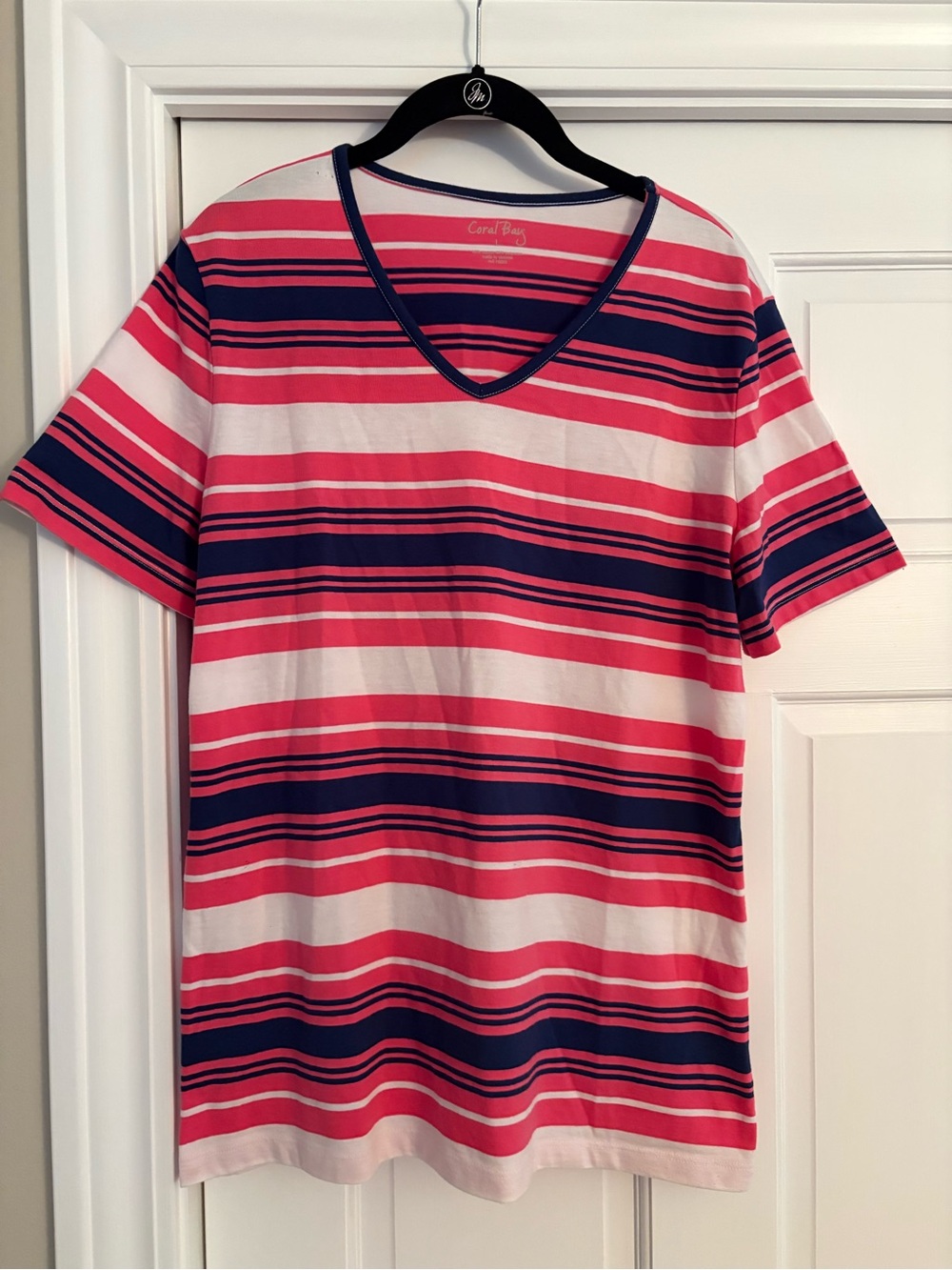 Coral Bay Pink, White & Navy Striped V-Neck Short Sleeve Tee